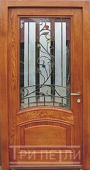Входная дверь Массив дерева со стеклом и ковкой